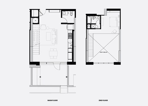 A black and white image of a floor plan for a two-story building.